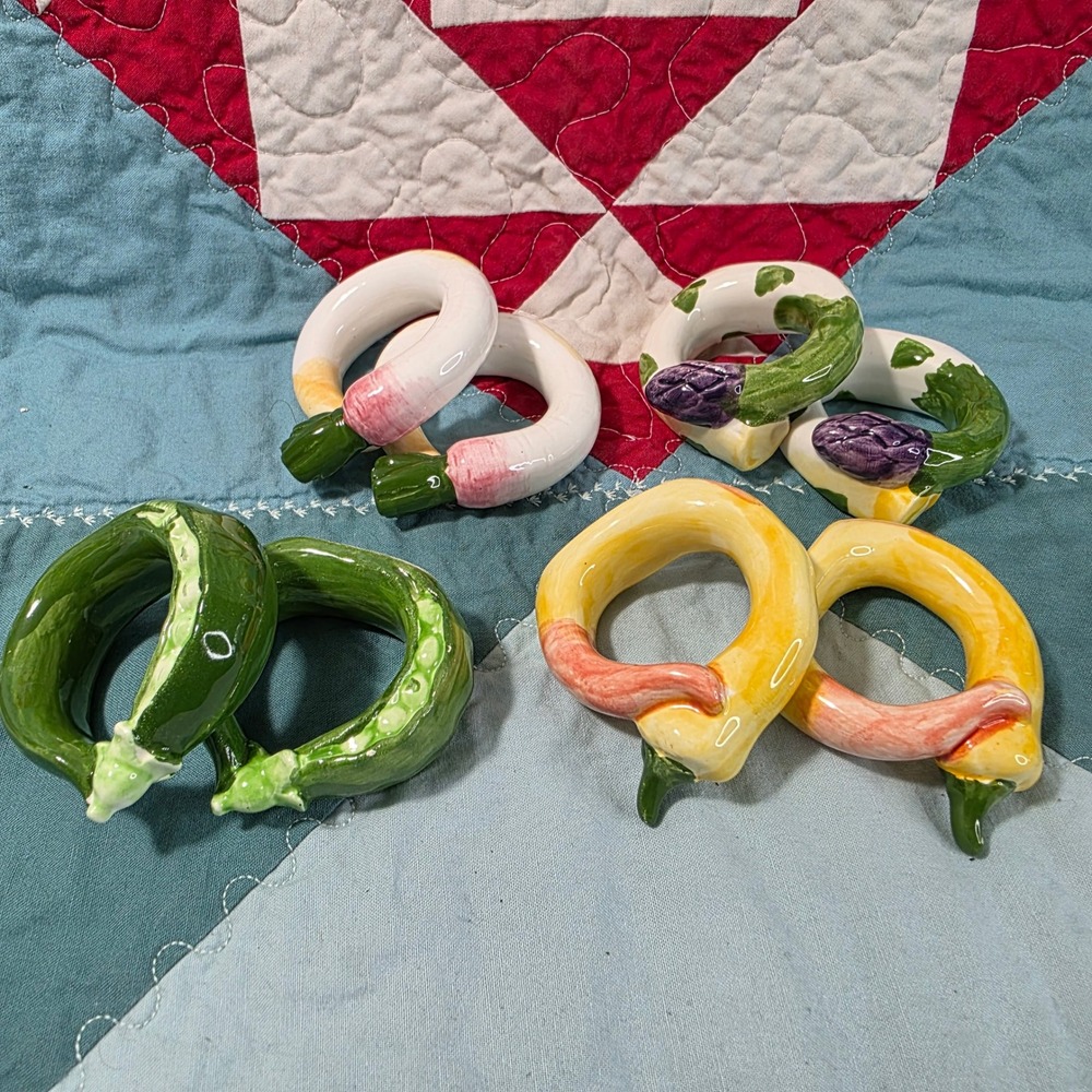 Ceramic Vegetable Shaped Napkin Rings OS Multicolor Hand Painted 8pc Set **